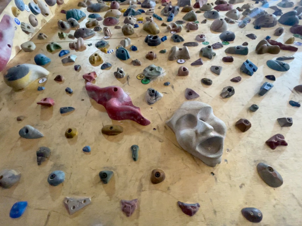 Parede de escalada com agarras coloridas